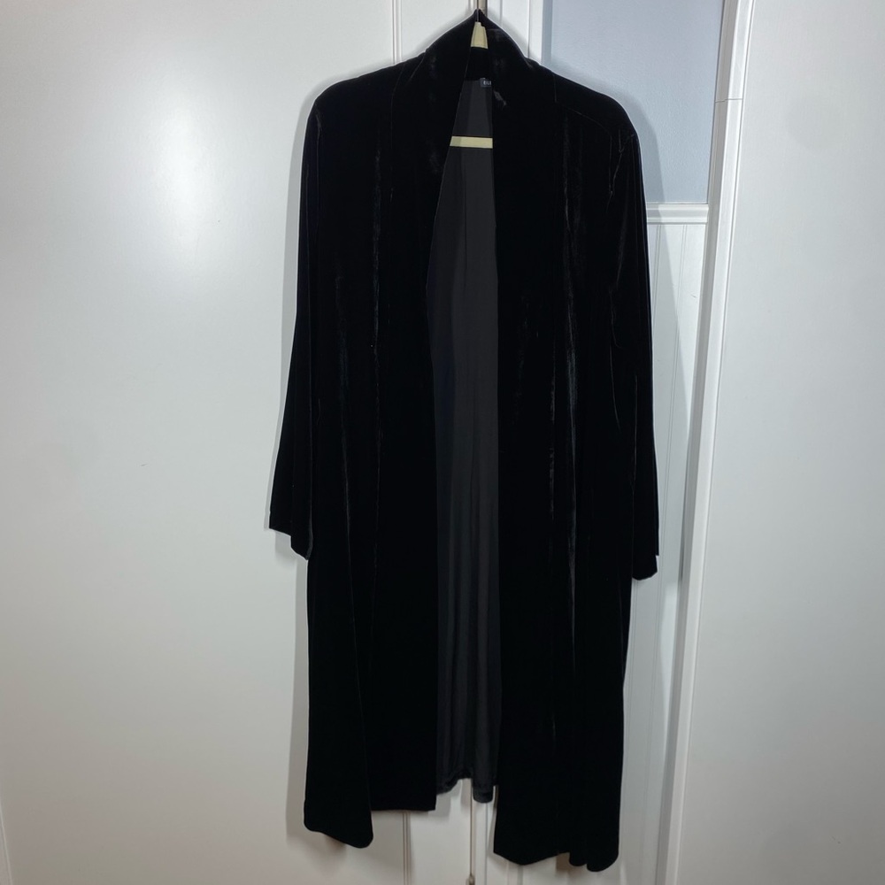 Eileen‎ Fisher Black Velvet Open Front Long Jacket Rayon Silk size large duster